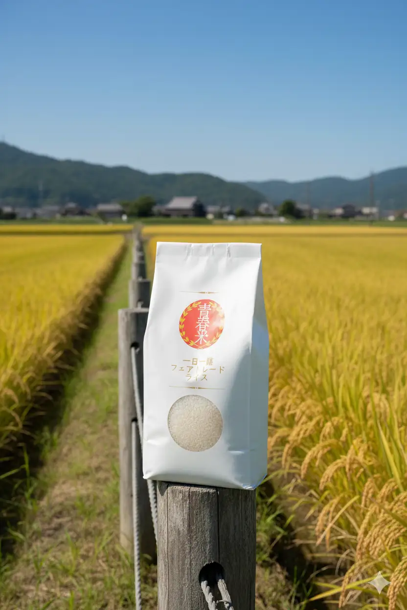 青空と黄金色の稲穂を背景にした青春米