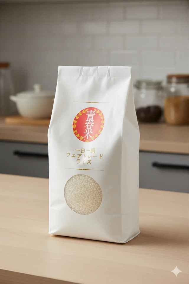 キッチンに置かれた青春米のパッケージ
